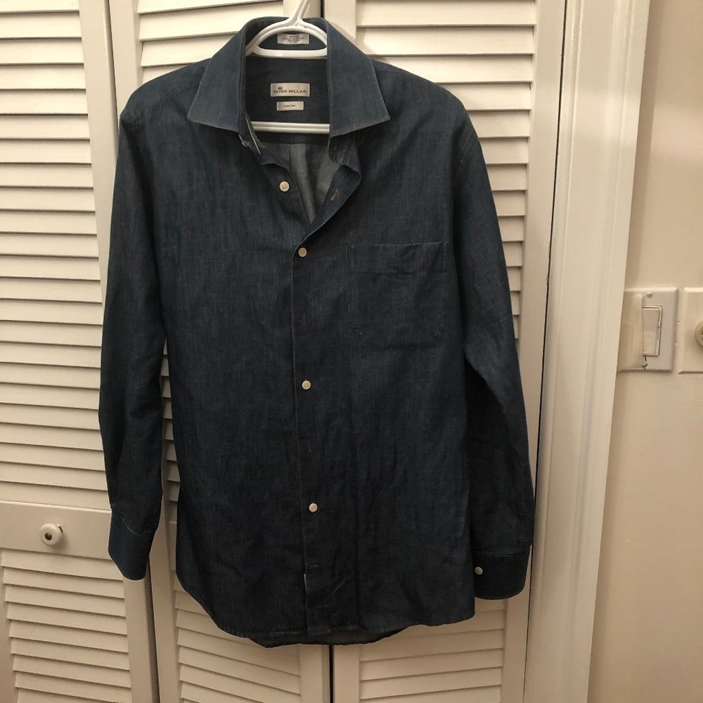 Peter Millar Navy Chambray Button Down Shirt - image 1